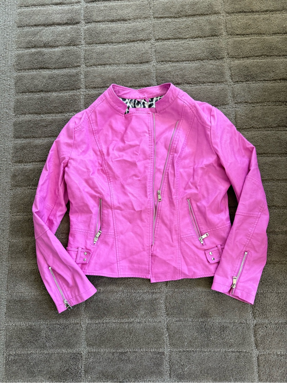 Feminine Pink Moto Faux Leather Jacket with Zip Details
